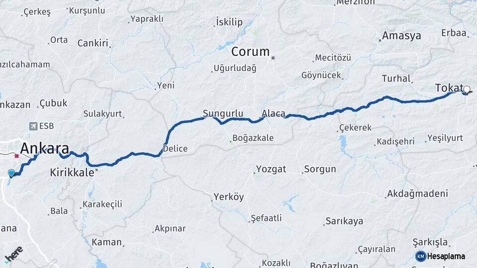 Ankara Gölbaşı Tokat Arası Kaç Km - Yol Haritası