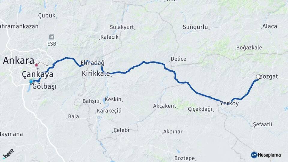 Ankara Gölbaşı Yozgat Arası Kaç Km - Yol Haritası