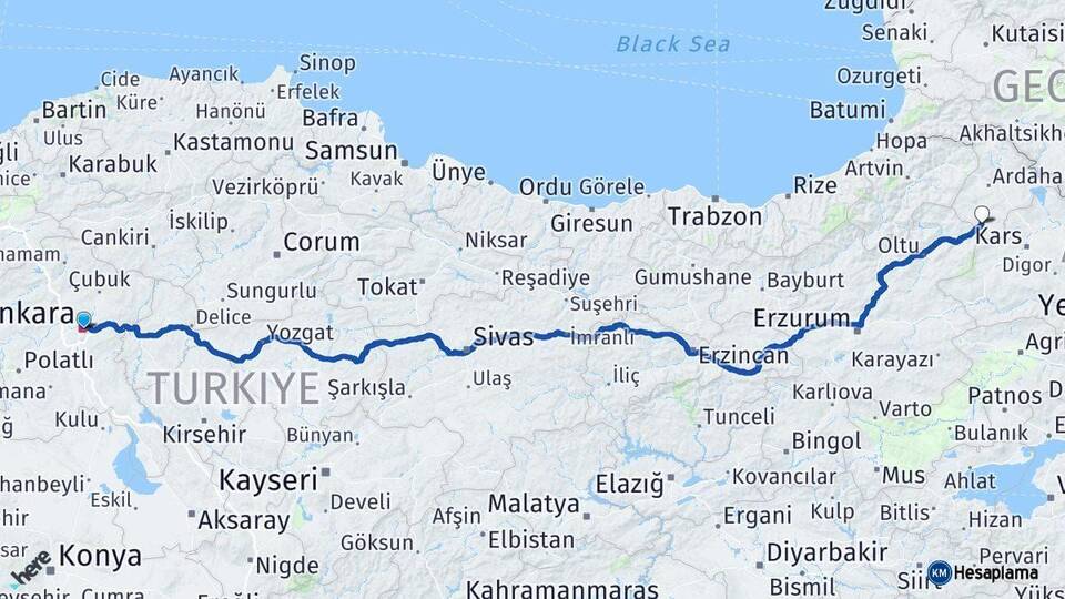 Ankara Göle Ardahan Arası Kaç Km - Yol Haritası