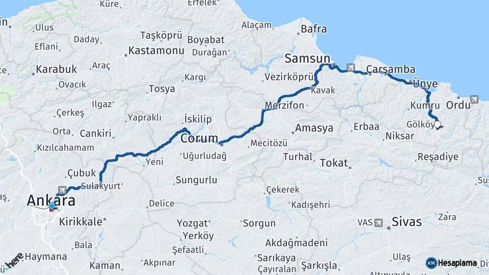 Ankara Gölköy Ordu Arası Kaç Km - Yol Haritası