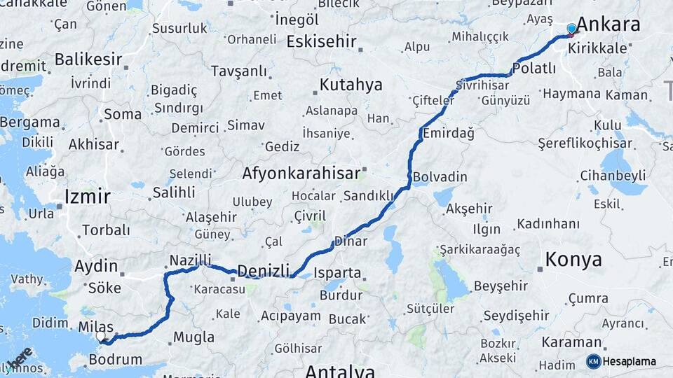 Ankara Güllük Milas Muğla Arası Kaç Km - Yol Haritası