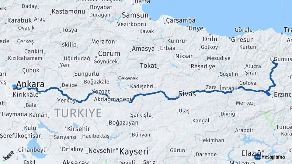 Ankara Gümüşhane Arası Kaç Km - Yol Haritası