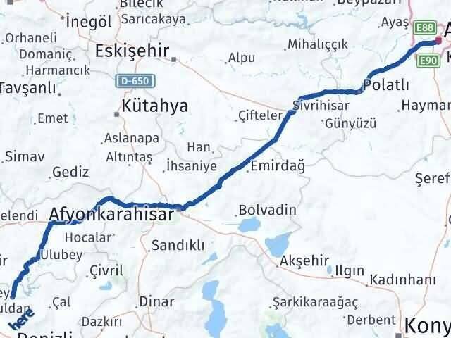 Ankara Güney Denizli Arası Kaç Km - Yol Haritası