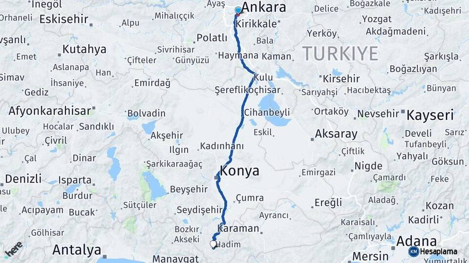 Ankara Hadim Konya Arası Kaç Km - Yol Haritası