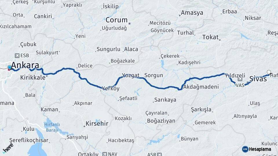 Ankara Hafik Sivas Arası Kaç Km - Yol Haritası