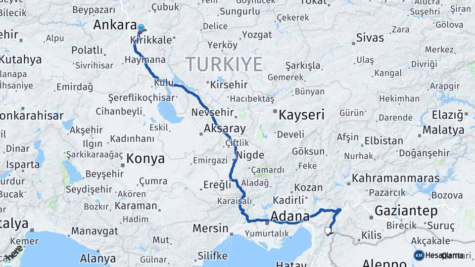 Ankara Hassa Hatay Arası Kaç Km - Yol Haritası
