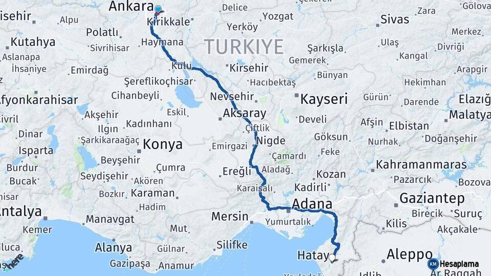 Ankara Hatay Arası Kaç Km - Yol Haritası