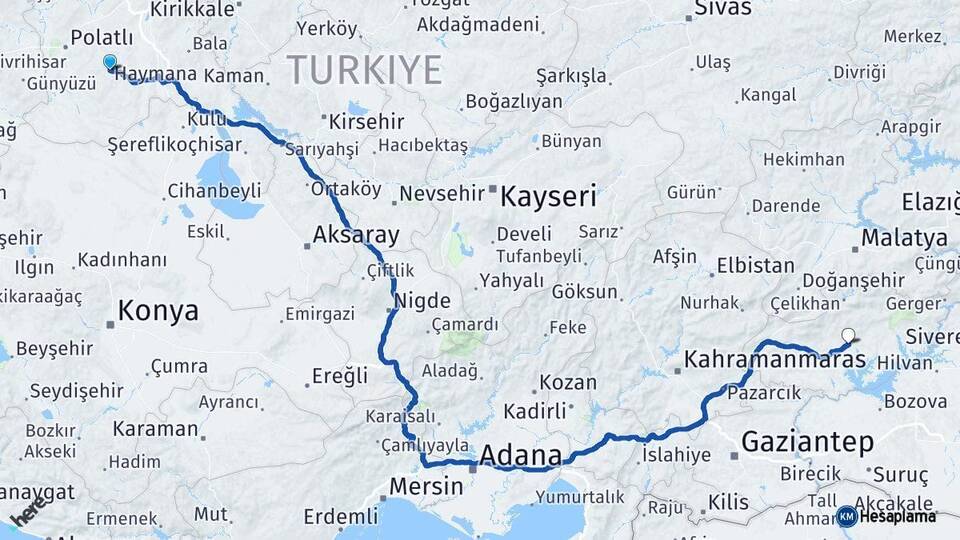 Ankara Haymana Adıyaman Arası Kaç Km - Yol Haritası