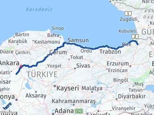 Ankara Haymana Artvin Arası Kaç Km - Yol Haritası