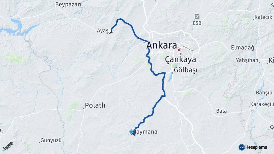 Ankara Haymana Ayaş Arası Kaç Km - Yol Haritası