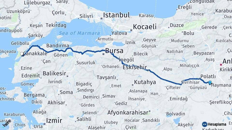 Ankara Haymana Çanakkale Arası Kaç Km - Yol Haritası