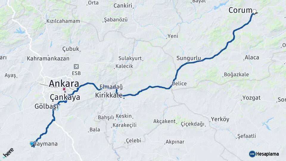 Haymana Çorum Arası Kaç Km - Yol Tarifi