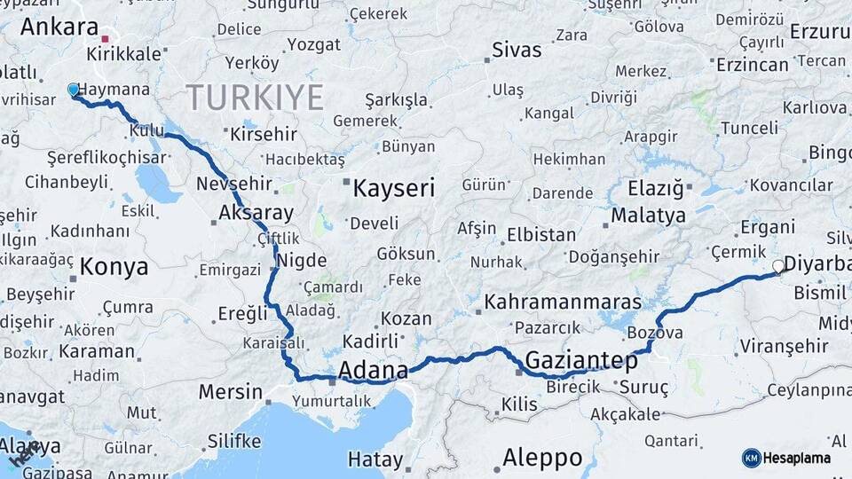 Ankara Haymana Diyarbakır Arası Kaç Km - Yol Haritası