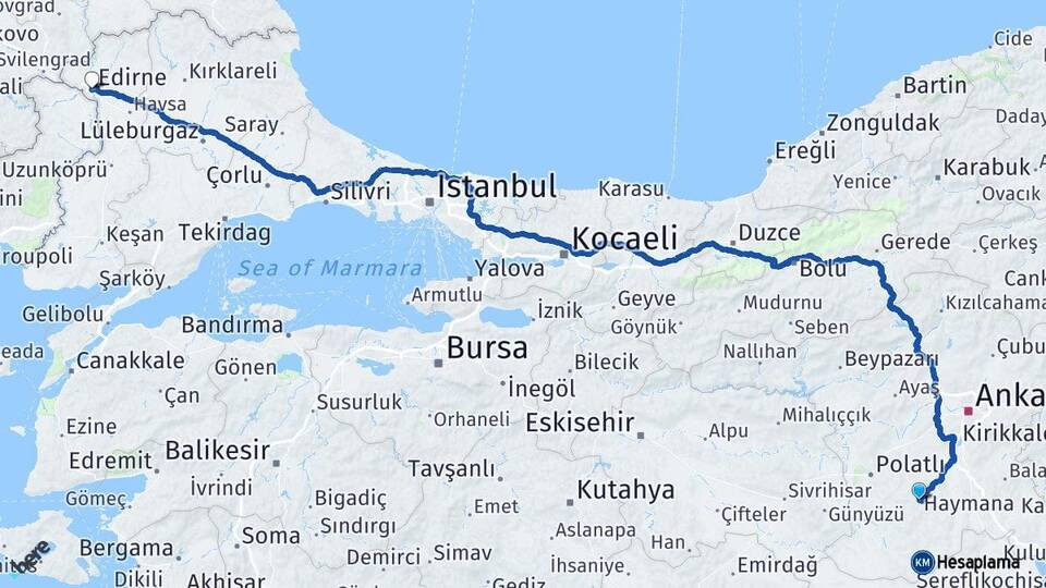 Ankara Haymana Edirne Arası Kaç Km - Yol Haritası