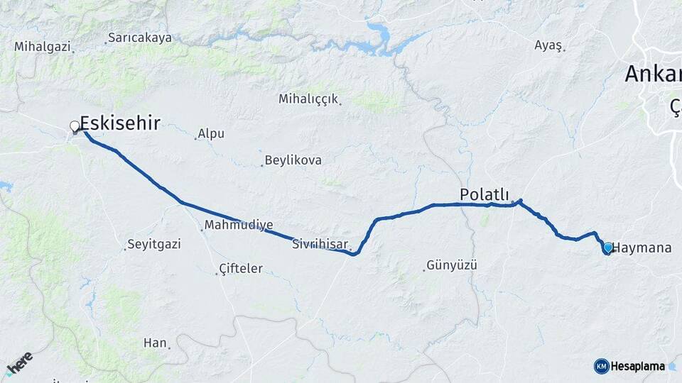 Ankara Haymana Eskişehir Arası Kaç Km - Yol Haritası