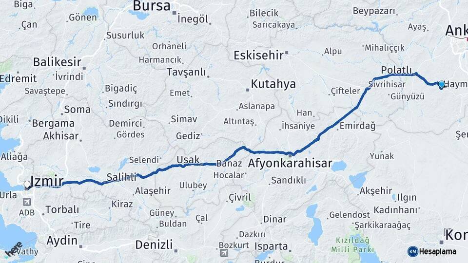 Ankara Haymana İzmir Arası Kaç Km - Yol Haritası
