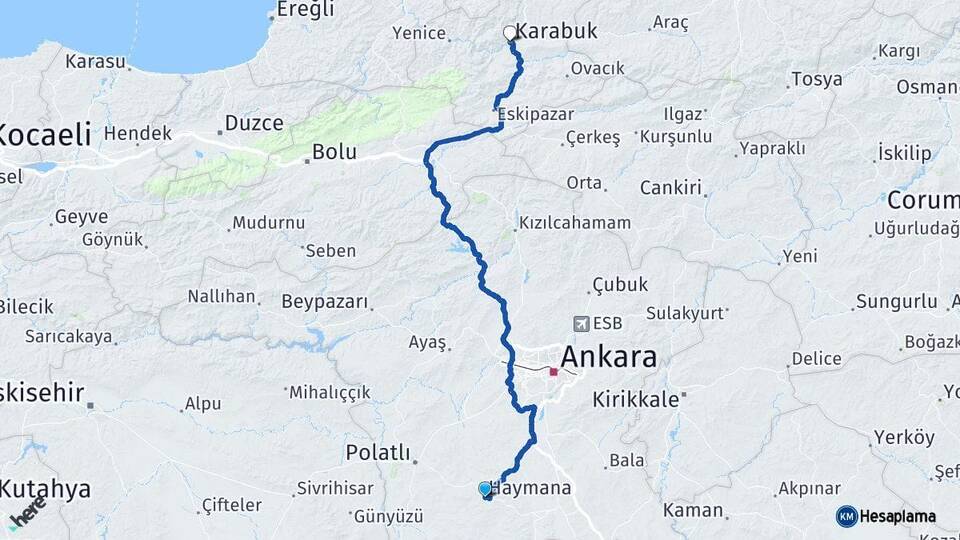 Ankara Haymana Karabük Arası Kaç Km - Yol Haritası