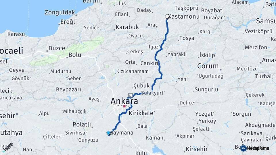 Ankara Haymana Kastamonu Arası Kaç Km - Yol Haritası