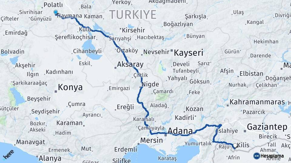 Ankara Haymana Kilis Arası Kaç Km - Yol Haritası