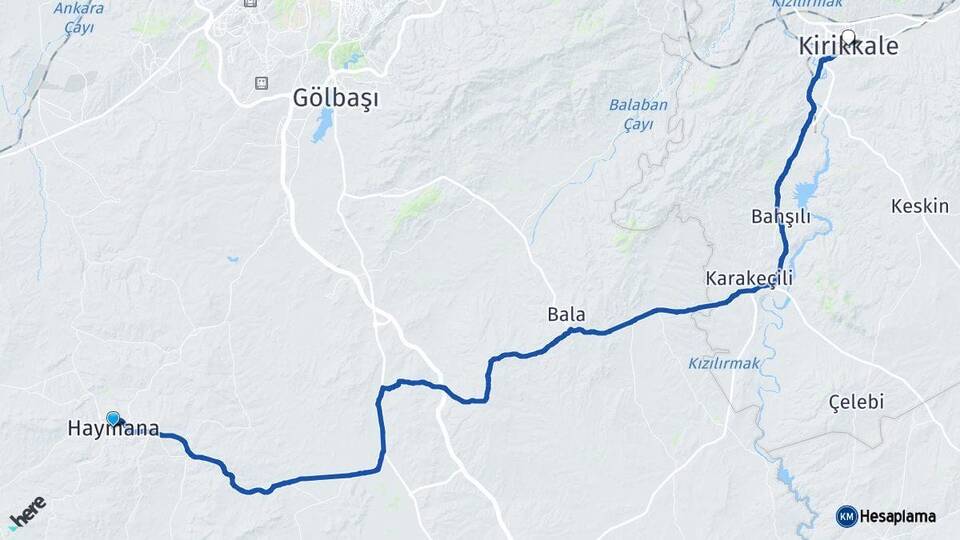 Ankara Haymana Kırıkkale Arası Kaç Km - Yol Haritası