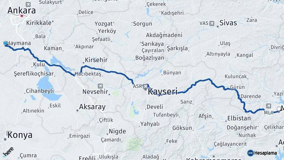 Ankara Haymana Malatya Arası Kaç Km - Yol Haritası