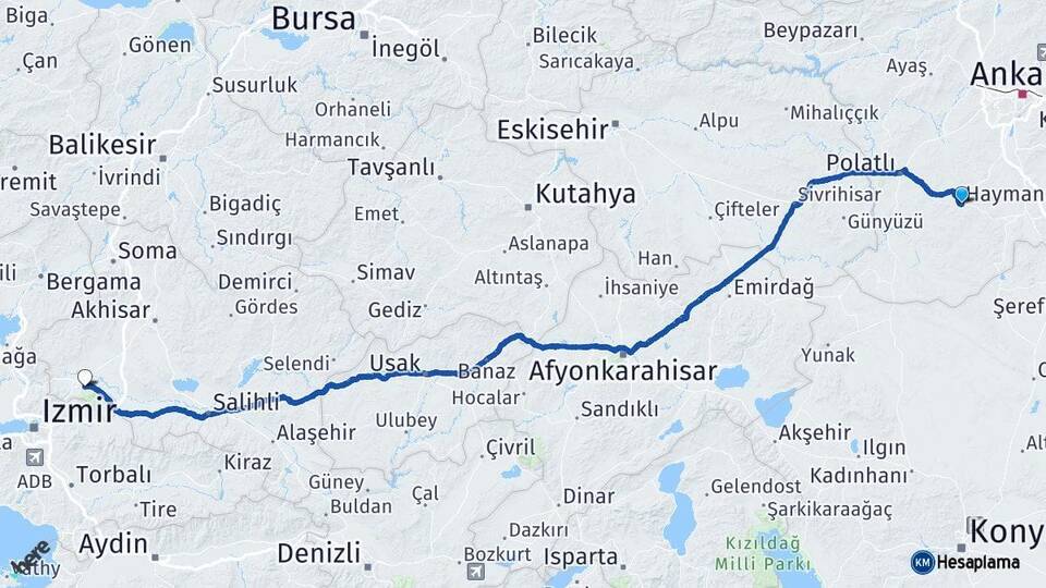 Ankara Haymana Manisa Arası Kaç Km - Yol Haritası
