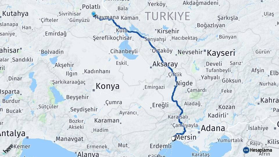 Ankara Haymana Mersin Arası Kaç Km - Yol Haritası