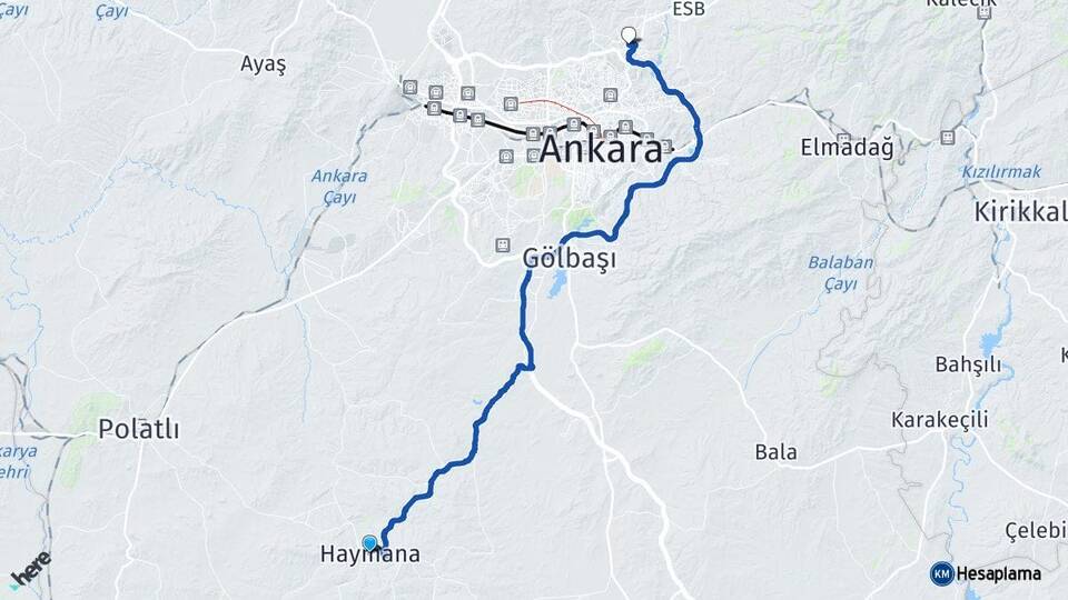 Ankara Haymana Pursaklar Arası Kaç Km - Yol Haritası