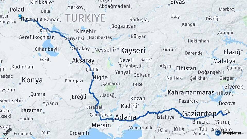 Ankara Haymana Şanlıurfa Arası Kaç Km - Yol Haritası