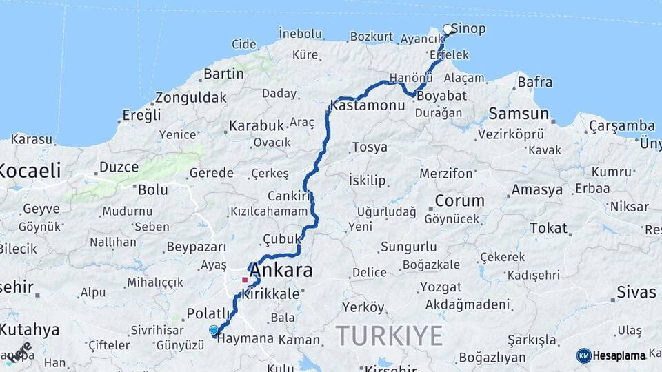 Ankara Haymana Sinop Arası Kaç Km - Yol Haritası
