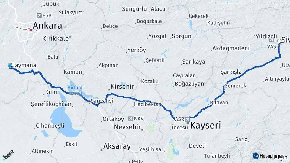 Ankara Haymana Sivas Arası Kaç Km - Yol Haritası