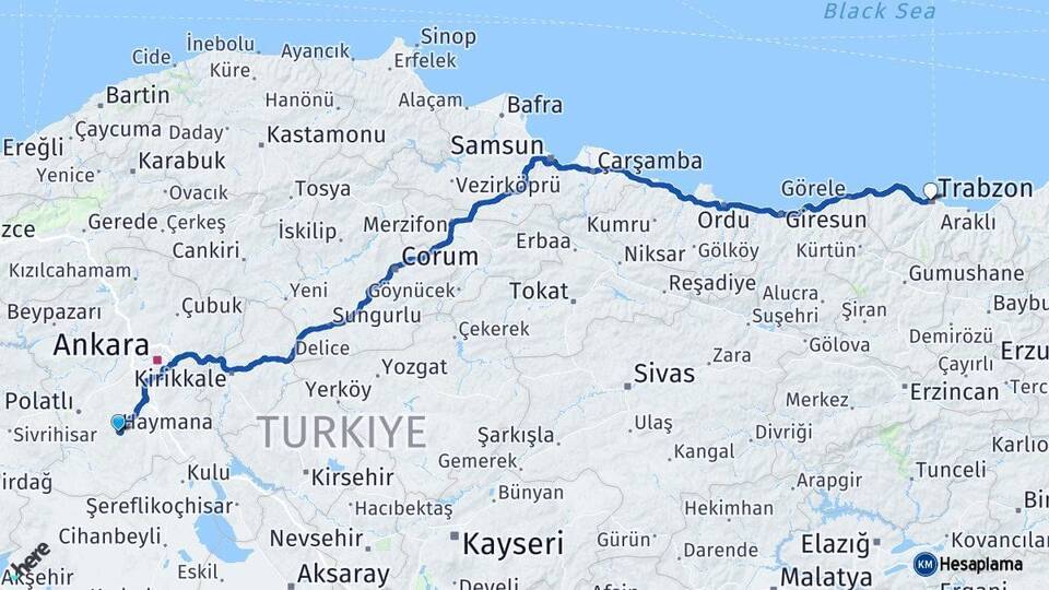 Ankara Haymana Trabzon Arası Kaç Km - Yol Haritası