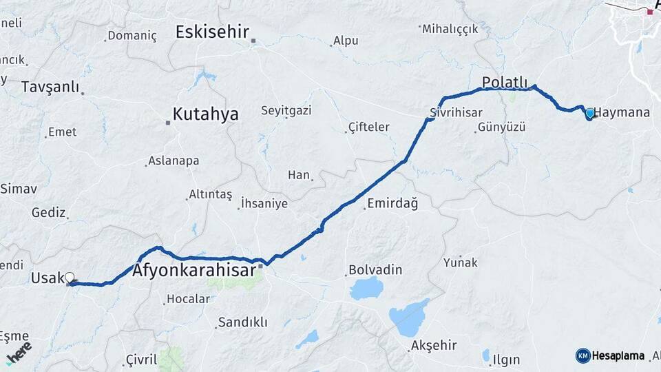 Ankara Haymana Uşak Arası Kaç Km - Yol Haritası