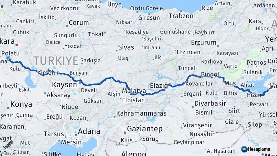 Ankara Haymana Van Arası Kaç Km - Yol Haritası