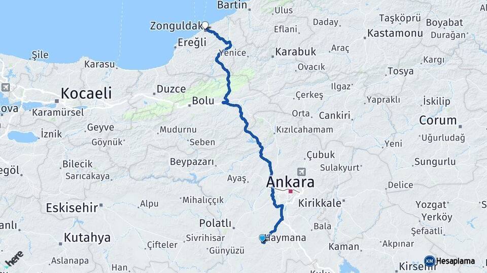 Ankara Haymana Zonguldak Arası Kaç Km - Yol Haritası
