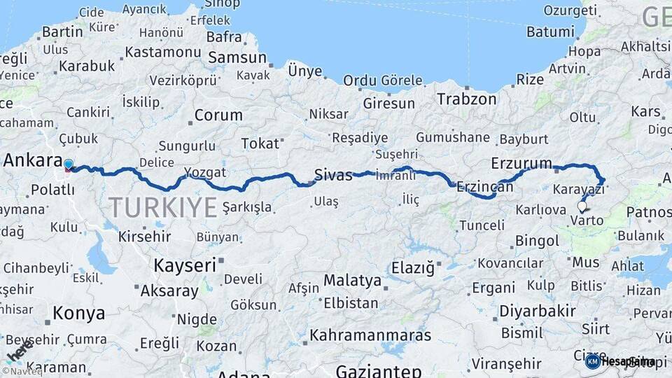 Ankara Hınıs Erzurum Arası Kaç Km - Yol Haritası