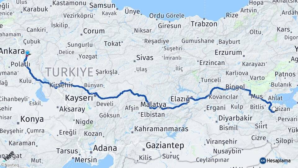Ankara Hizan Bitlis Arası Kaç Km - Yol Haritası