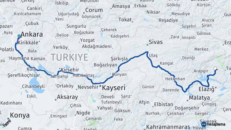 Ankara Hozat Tunceli Arası Kaç Km - Yol Haritası