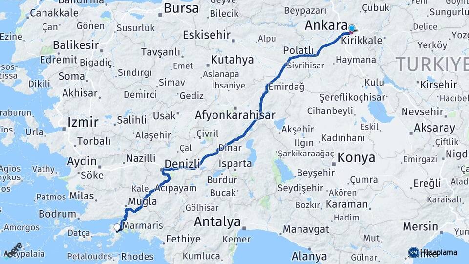 Ankara İçmeler Marmaris Muğla Arası Kaç Km - Yol Haritası