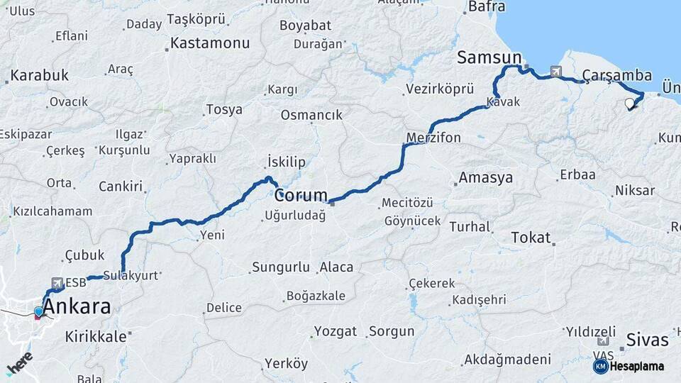 Ankara İkizce Ordu Arası Kaç Km - Yol Haritası