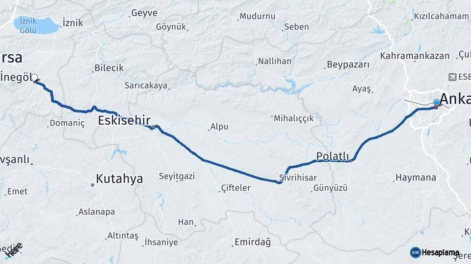Ankara İnegöl Bursa Arası Kaç Km - Yol Haritası