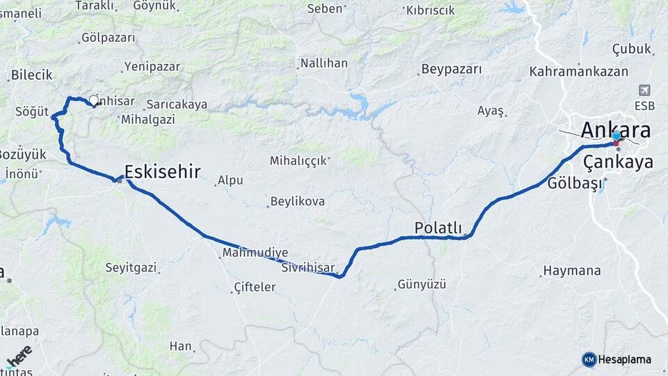 Ankara İnhisar Bilecik Arası Kaç Km - Yol Haritası