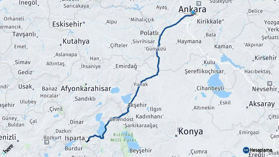 Ankara Isparta Arası Kaç Km - Yol Haritası