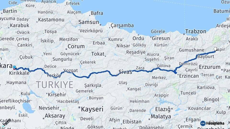 Ankara İspir Erzurum Arası Kaç Km - Yol Haritası