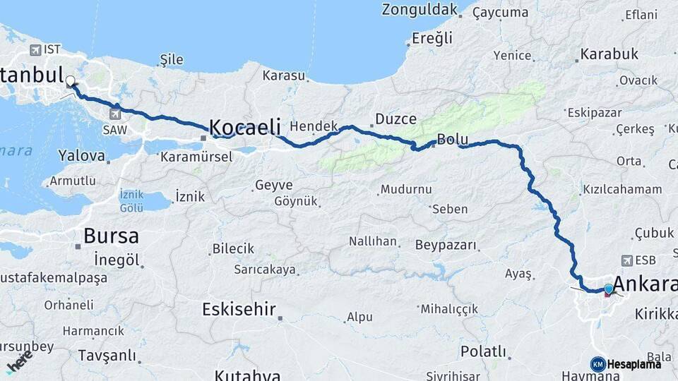 Ankara İstanbul Arası Kaç Km - Yol Haritası