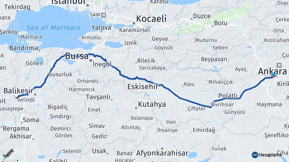 Ankara İvrindi Balıkesir Arası Kaç Km - Yol Haritası