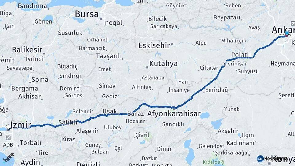 Ankara İzmir Arası Kaç Km - Yol Haritası