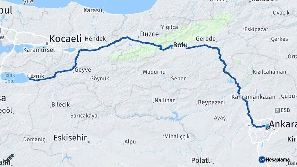 Ankara İznik Bursa Arası Kaç Km - Yol Haritası