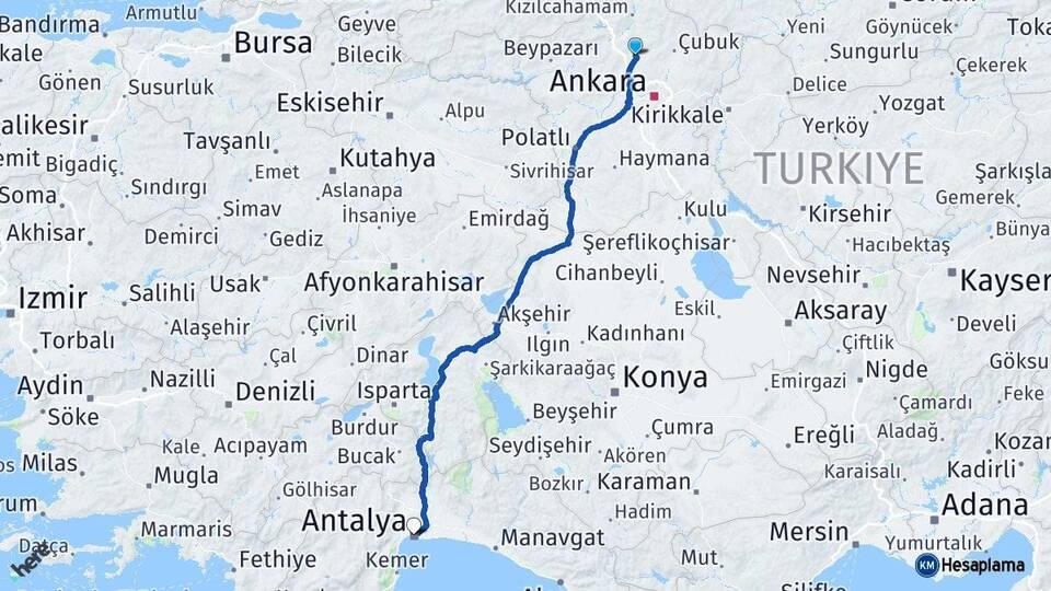 Ankara Kahramankazan Antalya Arası Kaç Km - Yol Haritası
