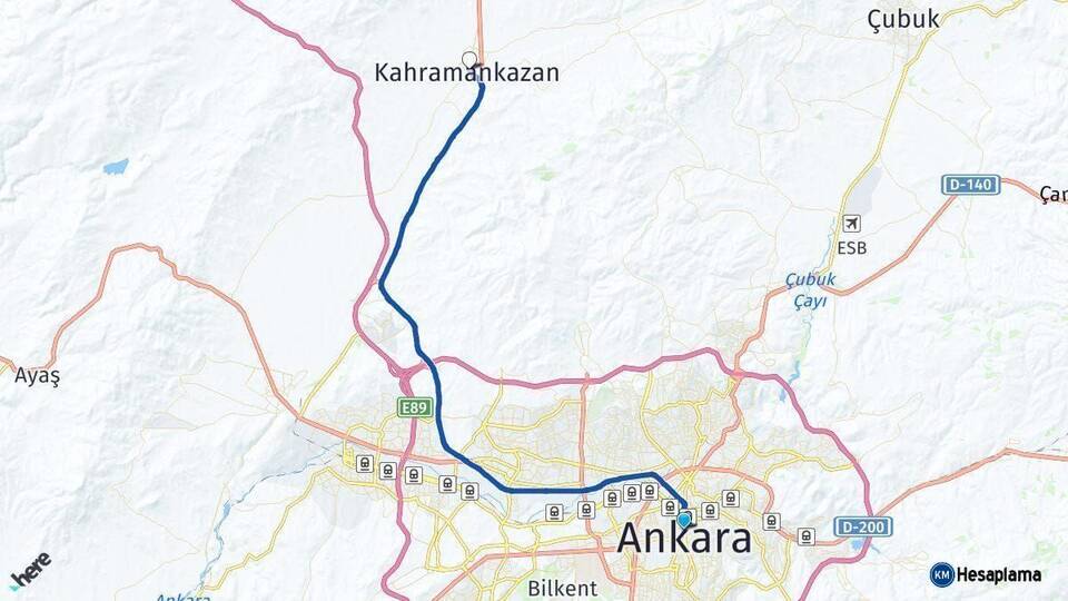 Ankara Kahramankazan Arası Kaç Km - Yol Haritası
